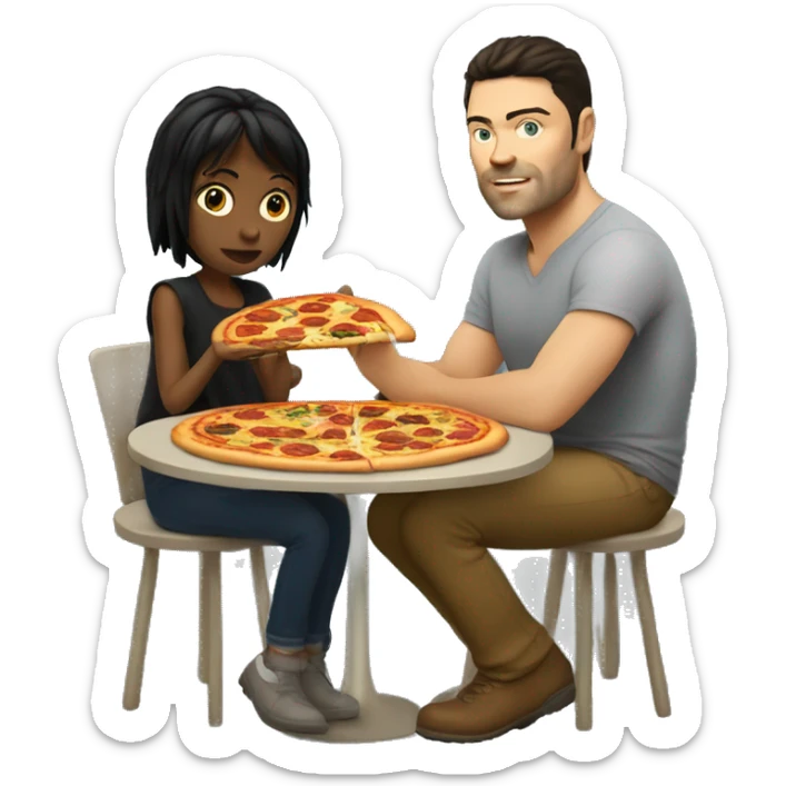 karl urban sitting at a table eating pizza with small white girl with black hair sticker