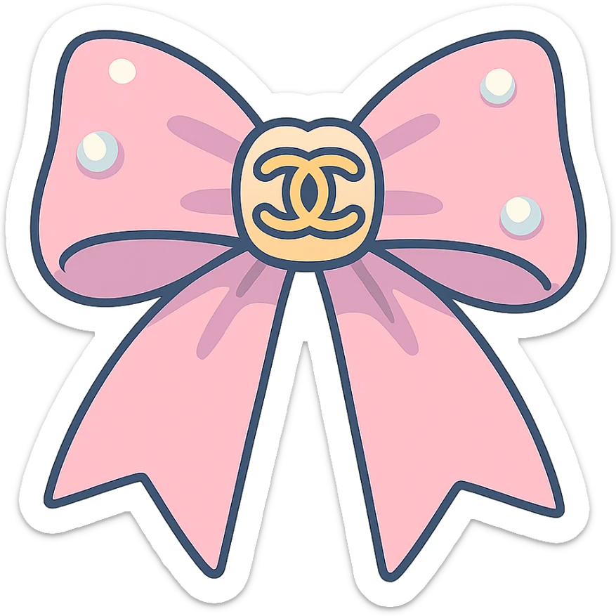 elegant bow with pearls and gold Chanel logo, glossy, pastel colors sticker
