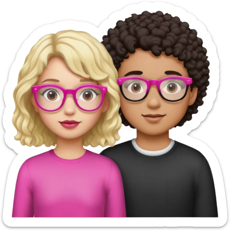 Girl with Dark Brown Curly Hair, Pink glasses, And a mixed skin tone. Boy with white skin tone, Blonde Hair and black glasses  sticker
