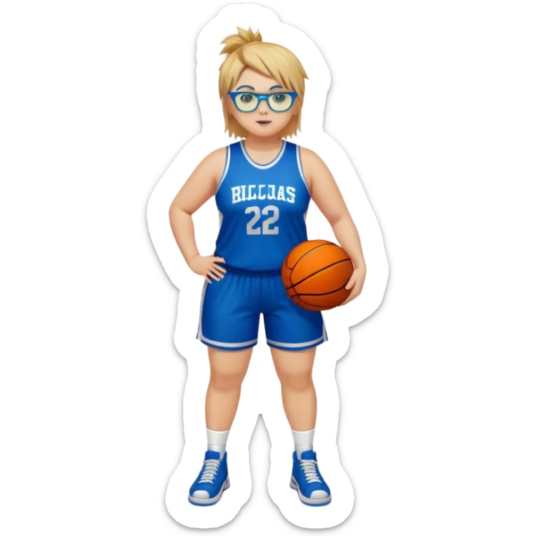 Full Body white plus size Girl with basketball spikey short brown and blonde hair  wearing blue glasses with green eyes wearing basketball uniform sticker