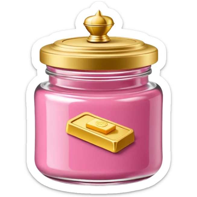 Una miniatura fotorrealista de un tarro de mantequilla corporal elegante, con una tapa dorada brillante. Una sola moneda de oro, pequeña y sutil, reposa al lado del tarro. Iluminación suave de estudio. Colores: rosa, terracota y dorado. Estilo: lujo en miniatura. sticker