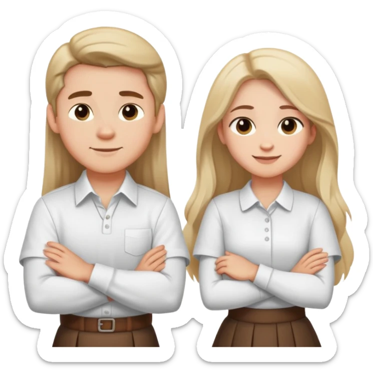 A boy in a white shirt and a girl with long hair in a skirt crossed their arms over their chests - with happy faces sticker