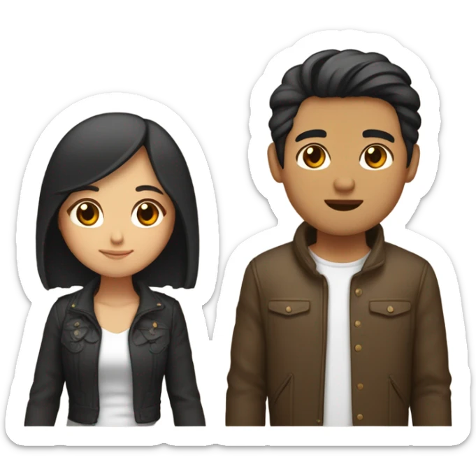 a couple holding hands. the guy has black middle part hair and is Persian and Filipino mix, wearing a jacket. the girl has brown medium length hair white and asian mix, wearing a crop top. sticker