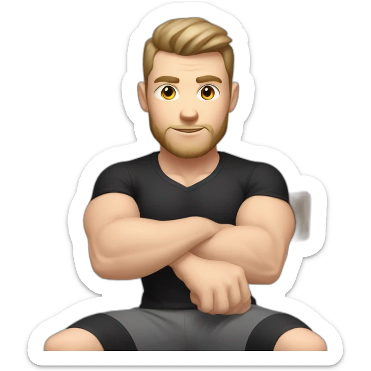 Pale skinned Fit Man With the biceps and dark brown hair in black shirt, gray sports shorts and white Sneakers Sitting on a chair sticker