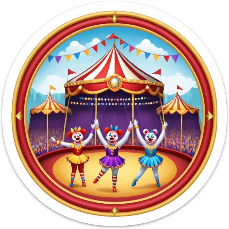 Icon for Circus Arts: a grand vibrant round circus arena with girls acrobats, a clown, and performing bears. The icon should capture the excitement and energy of the circus, with colorful costumes and a lively atmosphere. Transparent background. sticker