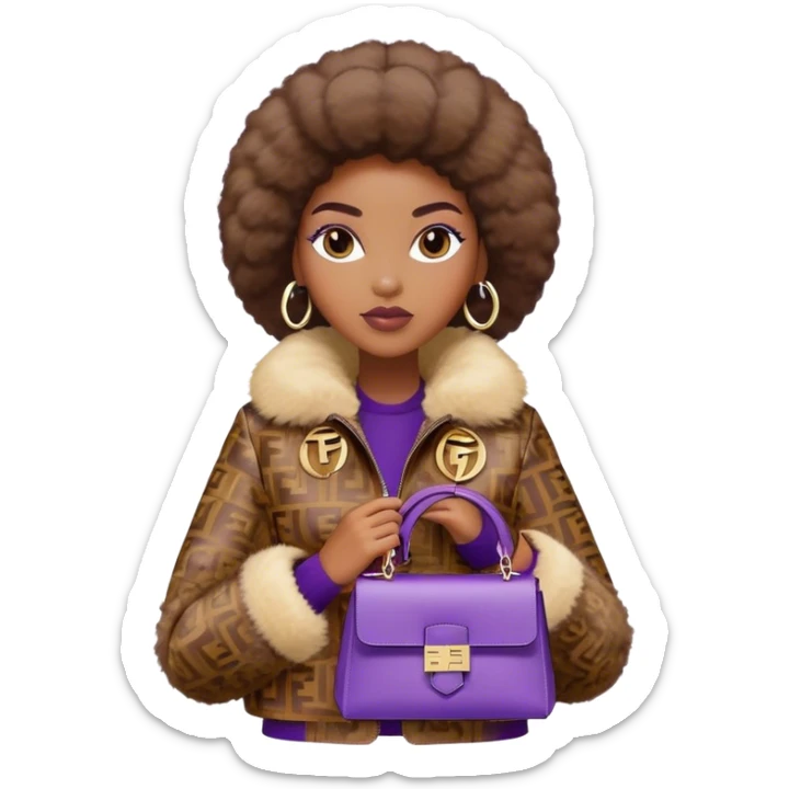 Beautiful black woman wearing a brown monogram Fendi jacket with a fur trim. She is carrying a purple Fendi Mini Peekaboo Bag. I want the image to start at her head and end at the chest sticker