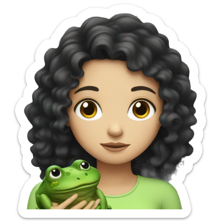 a white girl with curly black hair looking very sleepy and hugging a frog sticker