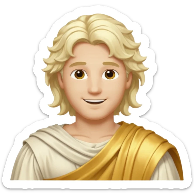Apollo from The Olympians with long platinum blonde wavy hair, gold toga  sticker