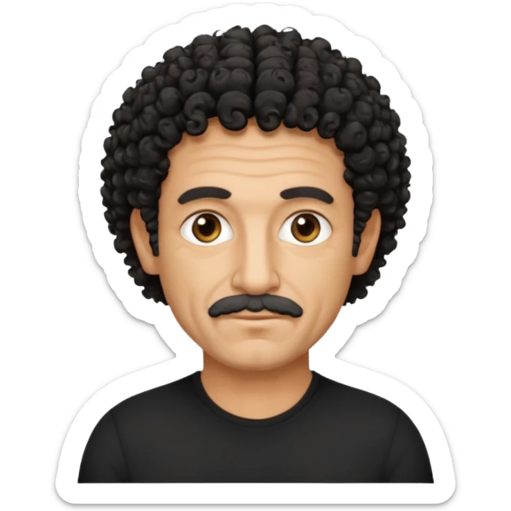 60 year old Greek man with short black curly frizzy hair that sticks up and has a black shirt sticker