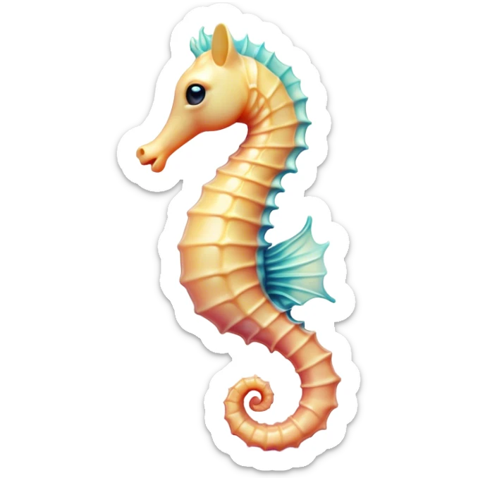 Cinematic Noble Sea Horse Portrait Emoji, Poised and enchanting, with a delicate, slender body in soft pastel hues, a gracefully curled tail and large, expressive eyes radiating gentle wonder, Simplified yet charmingly cute features, highly detailed, glowing with a soft, magical aquatic luminescence, high shine, intelligent and endearing, stylized with an air of whimsical marine grace, focused and poised, soft glowing outline, capturing the essence of a watchful and confident seahorse that appears ready to drift out of the screen with delightful charm! sticker