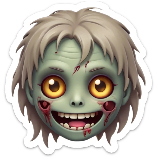 Cinematic Cute Zombie Portrait Emoji, with a delightfully quirky, slightly disheveled face in muted ashen hues, featuring quirky bright eyes and a playful, stitched-together smile, simplified yet irresistibly charming, highly detailed with a soft glowing outline that captures the adorable, offbeat spirit of a zombie who’s more cute than creepy! sticker