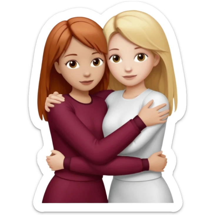 two girls who hug eachother. one has auburn hair with blonde highlights and very pale skin , other has medium-fair skin and blonde hair. girl with auburn or dark blonde hair is wearing a white outfit and girl with blonde hair is wearing a burgundy outfit sticker