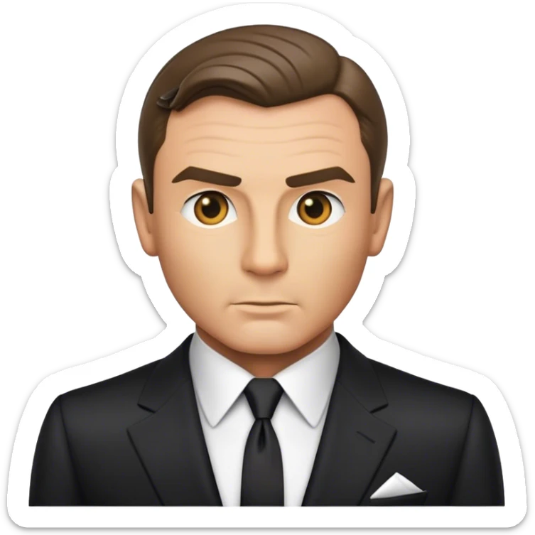 Cinematic Realistic James Bond Portrait Emoji, depicted as a suave, sophisticated secret agent in a tailored suit with a cool, composed gaze and an air of stealth and charm, rendered with crisp textures and dynamic cinematic lighting that captures his timeless espionage allure. sticker