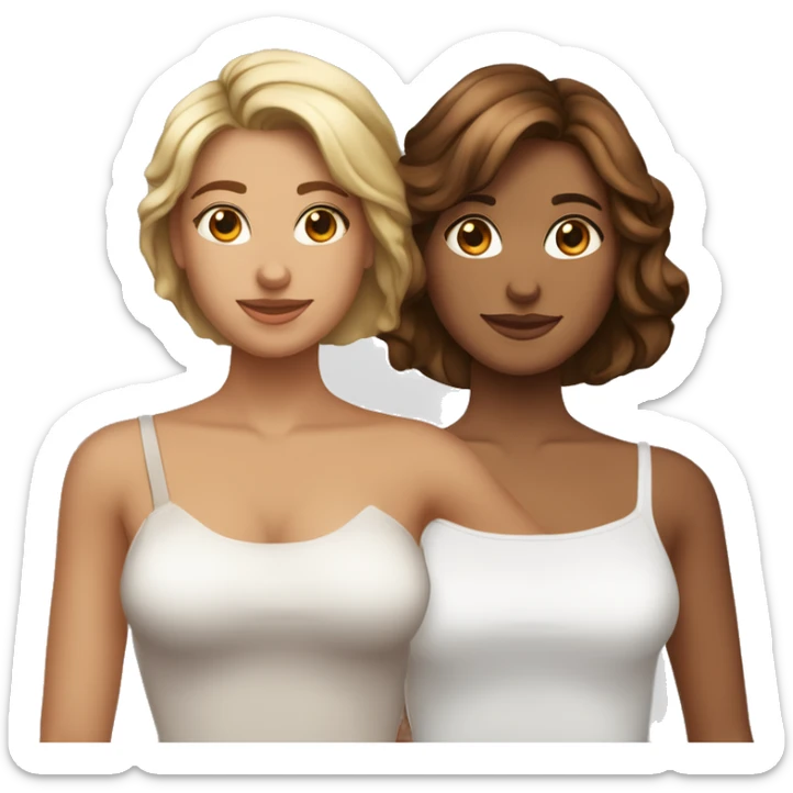 dos chicas abrazadas entre sí y con la otra mano levantada. Una chica tiene el pelo por los hombros, de color marrón y la otra chica tiene la piel blanca y el pelo castaño, liso y largo sticker
