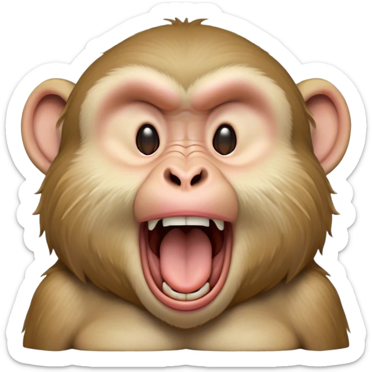 Cinematic Cute Yawning Macaque Portrait Emoji, Head tilted slightly with a dramatic, wide-open yawn, showcasing a gently textured face with half-closed, sleepy eyes and an open, relaxed mouth, Simplified yet irresistibly adorable features, highly detailed, glowing with a soft, cozy glow, high shine, relaxed yet expressive, stylized with a dash of whimsical charm, soft glowing outline, capturing the essence of a drowsy yet affectionate primate that appears ready to stretch out for a nap! sticker