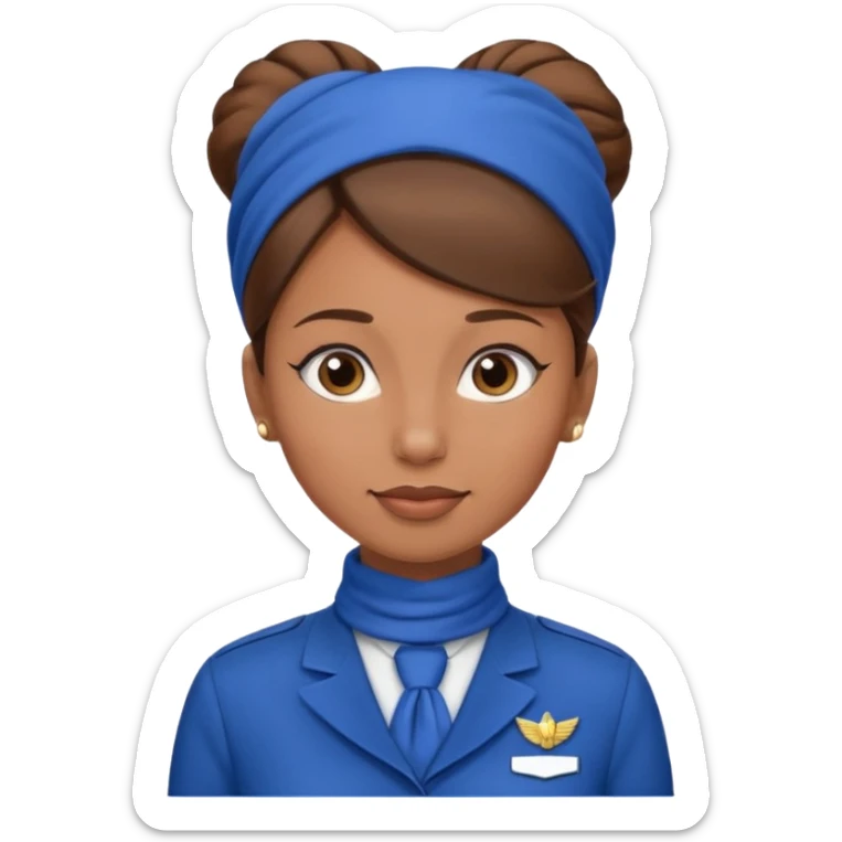 Light Brown skin flight attendant, brown hair in a bun, blue uniform, blue neck scarf sticker
