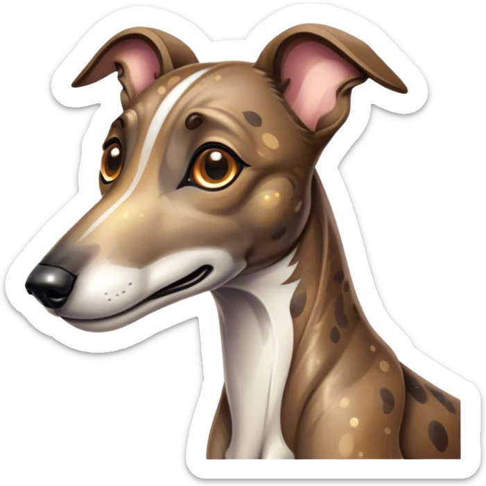 Cinematic Cute Brindle Greyhound Portrait Emoji, Head tilted playfully and inquisitively, featuring a sleek brindle Fur with subtle variations and round, sparkling eyes filled with curiosity, Simplified yet irresistibly adorable features, highly detailed, glowing with a warm, friendly glow, high shine, affectionate and nimble, stylized with a touch of whimsy, bright and endearing, soft glowing outline, capturing the essence of a mischievous yet loving companion, so playful it feels like it could sprint out of the screen and into your arms! sticker