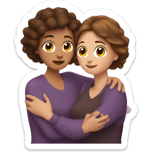 woman with brown short hair hugging a woman with brown long hair with hearts surrounding them sticker