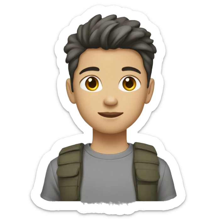 Teenager with gray sneakers, black cargo pants, gray T-shirt, medium length hairstyle, brunette color, light skin sticker