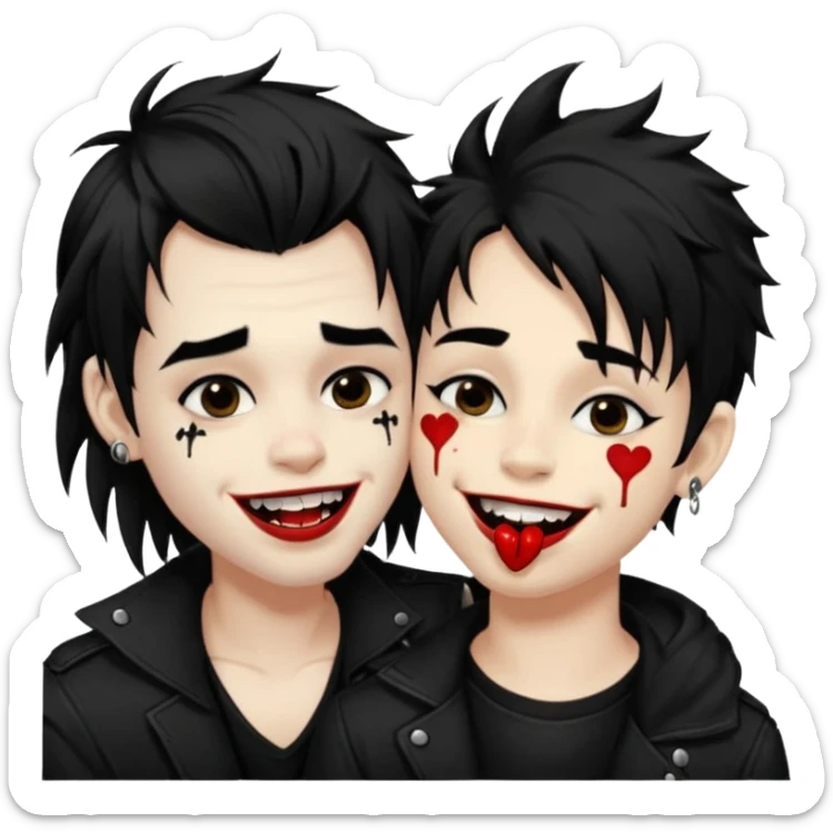 Laughing pale Goth boy with a bunch of face piercings, with shaggy dark brown hair, and messy black eyeliner , smudged, red, lipstick , kissing tan boy with long black hair  sticker
