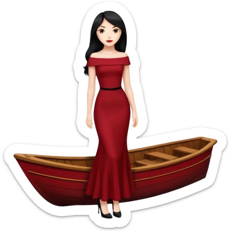 Chica blanca ,ojos marrones, vestido granate muy largo sexy escote tipo barco,  cuerpo entero pelo negro y largo zapatos negros tacon sticker