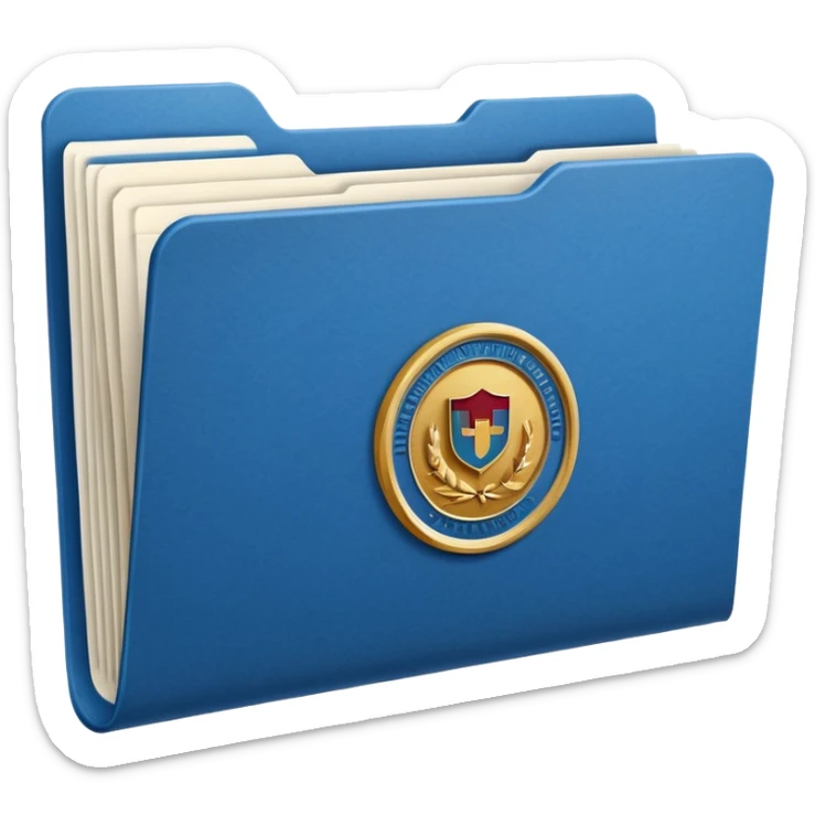A simple emoji-style icon of a white textured paper folder, clean and formal, with sharp edges, minimal shading, and an embossed university degree/certification seal on the front, conveying academic achievement and official records. sticker