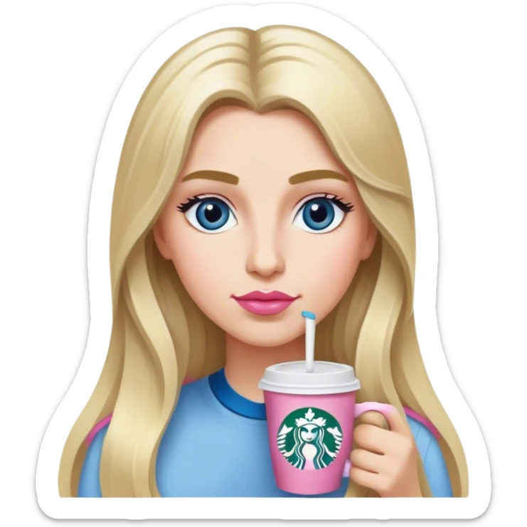 Long blonde grey highlighted with blue gray eyes sipping one Starbucks coffee. She has bushy eyebrows and pink lips  sticker