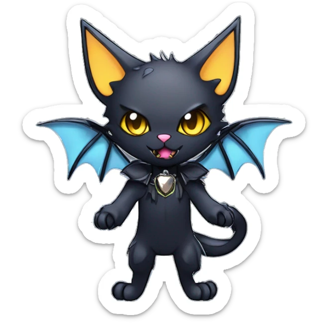   cool edgy kawaii anime-style ethereal dark-punk-themed animal vampiric cat-hybrid Fakemon with fangs and bat-wing-ears with a collar full body sticker