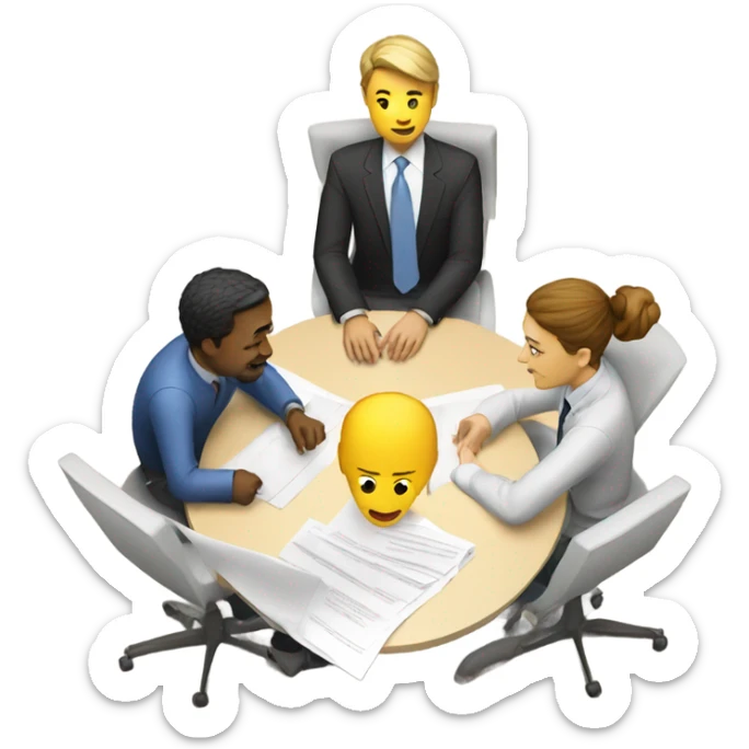 An emoji showing 3 people (2 males, 1 female) sitting at a round table with a laptop and papers, discussing about AI in a collaborative and professional way. sticker