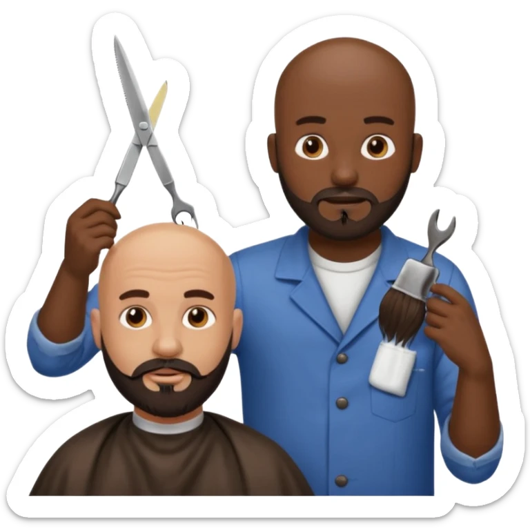 A bald man with a dark brown beard cutting someone’s hair at a barber shop and the other one is eating a poop sticker