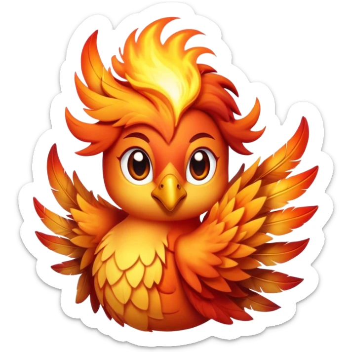 Cinematic Cute Mystical Fire Phoenix Portrait Emoji, Head tilted playfully and inquisitively, showcasing a vibrant, flame-kissed form with intricately detailed feathers in warm shades of red, orange, and shimmering gold, accented by delicate sparks and a gentle, inviting glow; rendered with lifelike detail and soft, radiant light, high shine, enchanting and spirited, styled with a touch of mythic whimsy, soft glowing outline, capturing the essence of a mischievous yet endearing phoenix poised to flutter playfully into your heart! sticker