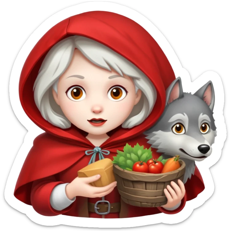 Little Red Riding Hood brings food to grandma, is tricked by a wolf, but is saved by a hunter. sticker
