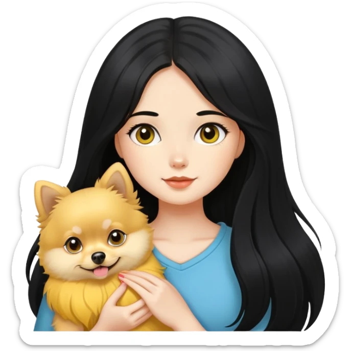 Fair-skinned girl - long black hair - holding a yellow Pomeranian sticker