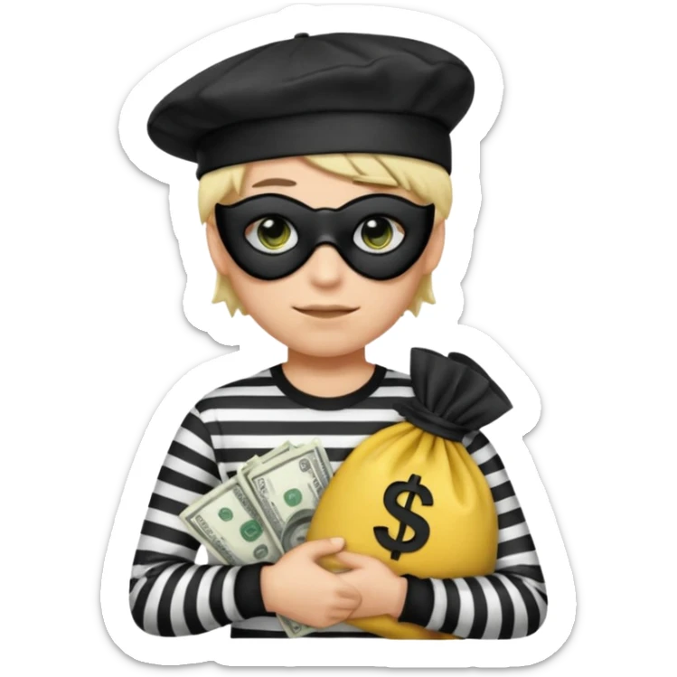 Realistic ios emoji-style portrait of a classic burglar, a black eye mask and a black-and-white striped shirt. emoji-like hair, black hat, a bag of money 💰 with a dollar sign in a right corner, mean expression  sticker