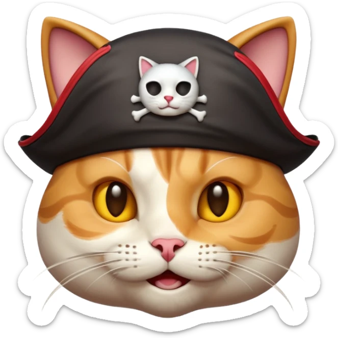 Premium 3D emoji icon of cat, pirate theme, high detail, glossy finish, claymorphism style, soft studio lighting, isolated on white background, 8k resolution, stylized professional look --v 6.0 sticker