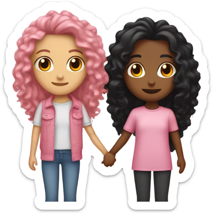 two best friends holding hands , both tan skin. One long black straight hair the other long curly hair. clothing pink for both  sticker
