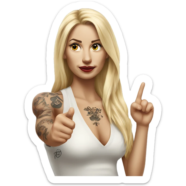 Blonde elegant women with LONG HAIR, her Body Covered with Tattoos, POINTING YOU FORWARD with her HAND with INDEX FINGER, Hyper realistic sticker