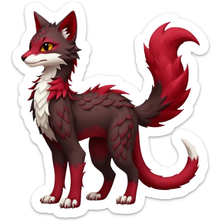 Kawaii dark-brown and crimson-red beautiful pretty elegant divine edgy fantasy feline-vernid-sergal-fursona animal creature with a tufted tail full body with intricate markings  sticker