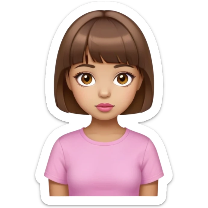 A girl with short slide brown hair with bangs , brown eyes, almost honey skin, add eyeliner, pinky cheeks, pink lipstick on lips and wearing cutie baby tee sticker