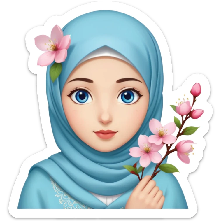 Turkish beautiful finish Konya girl blue eyes with hijab islamic dress and had on her hand cherry blossom sticker