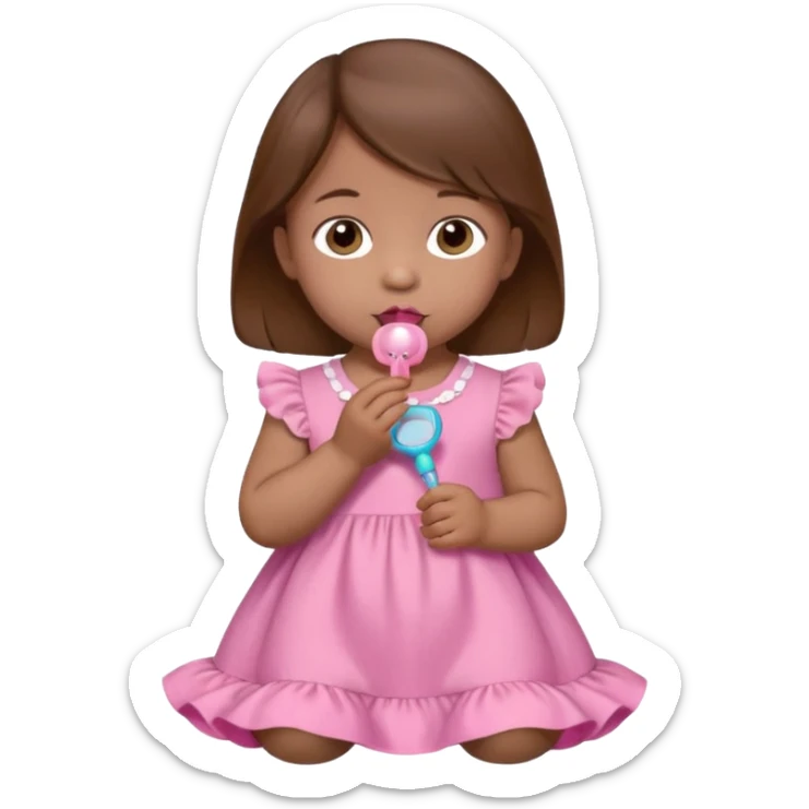 A 1 year old girl with a pacifier and brown hair brown eyes and pink dress sticker