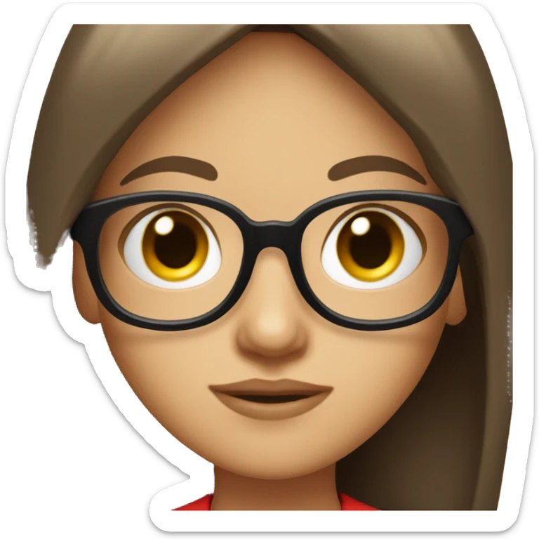 pretty girl with long brown hair and bangs wearing black glasses and a red shirt sticker