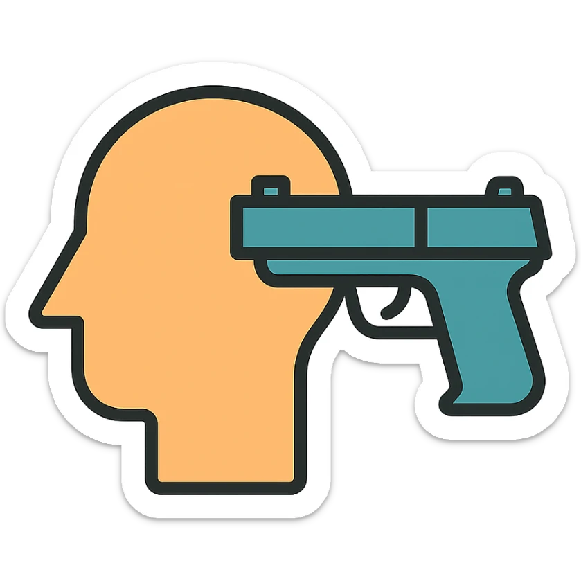 symbolic icon of a head with a gun next to it, minimal, no graphic violence, flat colors sticker