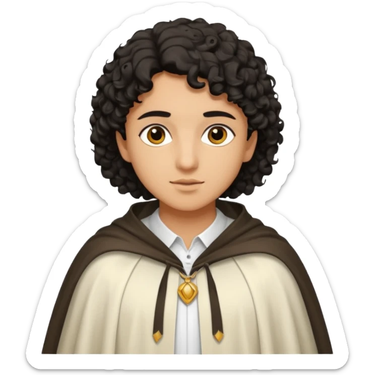 Apariencia: Joven de unos 25-30 años, atractivo,.
-Rostro: Ojos oscuros, piel ligeramente morena, rasgos árabes finos.
-Cabello: Negro, rizado corto, viste como cristiano (camisa blanca, capa corta, colores sobrios). Que salga de cuerpo completo sticker