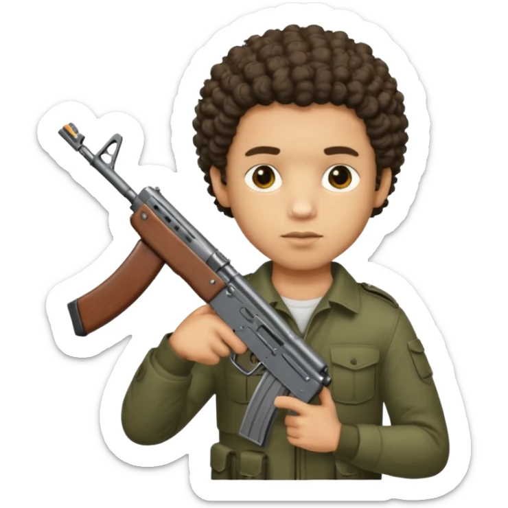AK47 in hand, light skin male with shortest curly hair  some cuts on the face  sticker