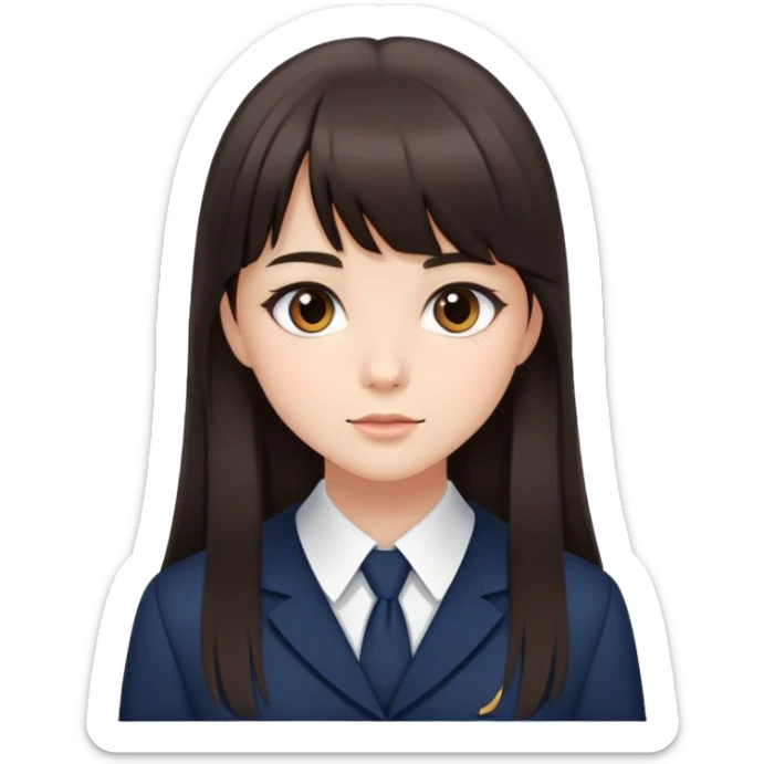 Girl in elegant school uniform with dark brown bangs, long straight hair, minimal makeup, attractive expression sticker