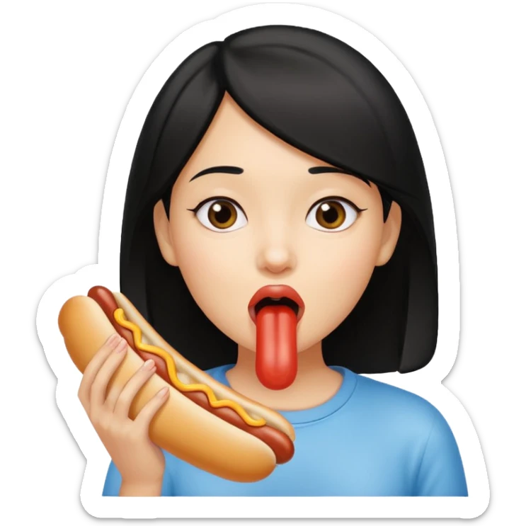 Black haired girl holding hotdog near mouth pretending to lick it sticker