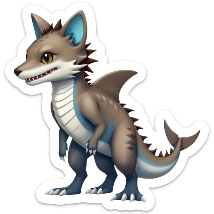 Kawaii dark edgy fantasy feline-vernid-sergal-fursona animal creature with a shark-tail with tufted ears full body with cool sharp markings  sticker