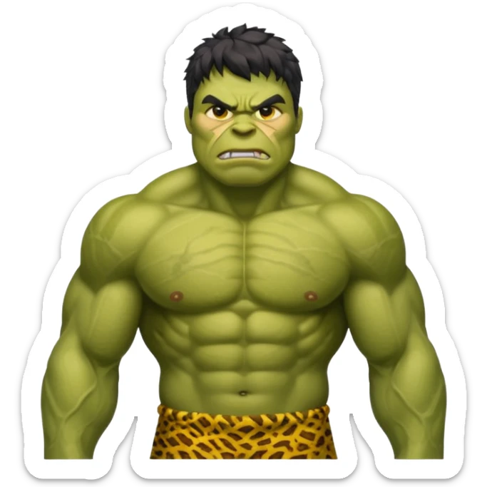 a Hulk wearing ancient animal skin cloth, half body, icon, yellow skin sticker