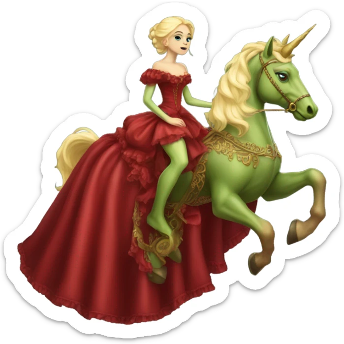 "galora green blonde alien woman" in red Victorian elegant dress, full body, rides unicorn gold
NO WOKE
 sticker